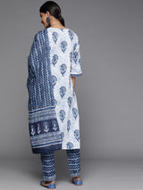 Women's White Cotton Printed Kurta and Blue Cotton Printed Trouser with Blue Cotton Printed Dupatta