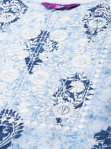 Women's White Cotton Printed Kurta and Blue Cotton Printed Trouser with Blue Cotton Printed Dupatta