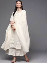 Women's White Cotton Mirror Work Kurta and Mirror Work Palazzo with Off White Cotton Mirror Work Dupatta