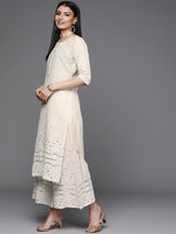 Women's White Cotton Mirror Work Kurta and Mirror Work Palazzo with Off White Cotton Mirror Work Dupatta