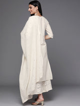 Women's White Cotton Mirror Work Kurta and Mirror Work Palazzo with Off White Cotton Mirror Work Dupatta