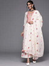 Women's White Cotton Kurta and Off White Embroidered Palazzo with Off White Cotton Embroidered Dupatta