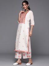 Women's White Cotton Kurta and Off White Embroidered Palazzo with Off White Cotton Embroidered Dupatta