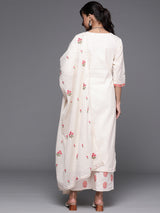 Women's White Cotton Kurta and Off White Embroidered Palazzo with Off White Cotton Embroidered Dupatta