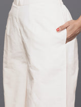Women's White Cotton Kurta and Off White Embroidered Palazzo with Off White Cotton Embroidered Dupatta