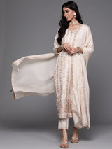 Women's Beige Silk Blend Zari-work Kurta and Beige Solid Trouser with Beige Chiffon Embellished Dupatta