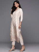 Women's Beige Silk Blend Zari-work Kurta and Beige Solid Trouser with Beige Chiffon Embellished Dupatta