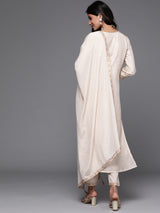 Women's Beige Silk Blend Zari-work Kurta and Beige Solid Trouser with Beige Chiffon Embellished Dupatta