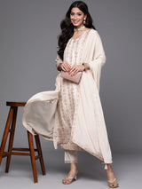 Women's Beige Silk Blend Zari-work Kurta and Beige Solid Trouser with Beige Chiffon Embellished Dupatta