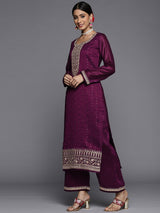 Women's Purple Silk Blend Sequinned Zari Dori Kurta & Silk Blend Solid Palazzo with Purple Sequinned Dupatta