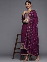 Women's Purple Silk Blend Sequinned Zari Dori Kurta & Silk Blend Solid Palazzo with Purple Sequinned Dupatta