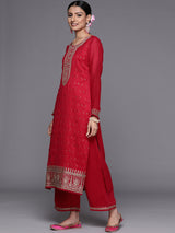 Women's Red Silk Blend Sequinned Zari Dori Kurta & Silk Blend Solid Palazzo & Magenta Sequinned Dupatta