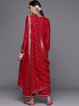 Women's Red Silk Blend Sequinned Zari Dori Kurta & Silk Blend Solid Palazzo & Magenta Sequinned Dupatta