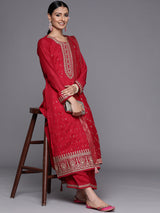 Women's Red Silk Blend Sequinned Zari Dori Kurta & Silk Blend Solid Palazzo & Magenta Sequinned Dupatta