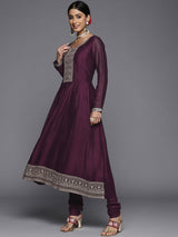 Women's Purple Silk Blend Embroidered Kurta and Solid Churidar with Purple Silk Chiffon Self Design Dupatta