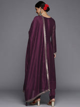 Women's Purple Silk Blend Embroidered Kurta and Solid Churidar with Purple Silk Chiffon Self Design Dupatta