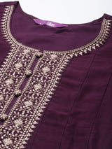 Women's Purple Silk Blend Embroidered Kurta and Solid Churidar with Purple Silk Chiffon Self Design Dupatta