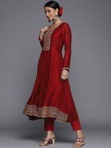 Women's Red Silk Blend Embroidered Kurta and Solid Churidar and Maroon Silk Chiffon Self Design Dupatta
