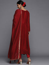Women's Red Silk Blend Embroidered Kurta and Solid Churidar and Maroon Silk Chiffon Self Design Dupatta