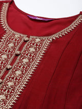 Women's Red Silk Blend Embroidered Kurta and Solid Churidar and Maroon Silk Chiffon Self Design Dupatta