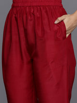 Women's Red Silk Blend Embroidered Kurta and Solid Churidar and Maroon Silk Chiffon Self Design Dupatta