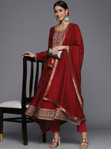 Women's Red Silk Blend Embroidered Kurta and Solid Churidar and Maroon Silk Chiffon Self Design Dupatta