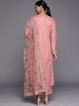 Women's Pink Silk Blend Self Design Straight Kurta and Solid Trouser with Peach Net Embroidered Dupatta