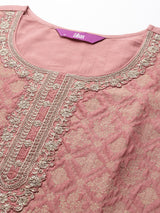 Women's Pink Silk Blend Self Design Straight Kurta and Solid Trouser with Peach Net Embroidered Dupatta