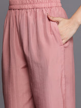 Women's Pink Silk Blend Self Design Straight Kurta and Solid Trouser with Peach Net Embroidered Dupatta