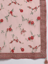 Women's Pink Silk Blend Self Design Straight Kurta and Solid Trouser with Peach Net Embroidered Dupatta