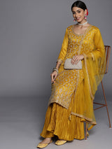 Women's Yellow Silk Blend Sequinned Zari Kurta & Silk Blend Sharara with Mustard Sequinned Dupatta
