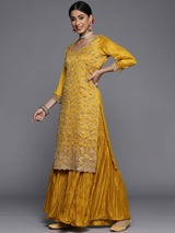 Women's Yellow Silk Blend Sequinned Zari Kurta & Silk Blend Sharara with Mustard Sequinned Dupatta