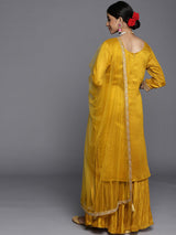 Women's Yellow Silk Blend Sequinned Zari Kurta & Silk Blend Sharara with Mustard Sequinned Dupatta