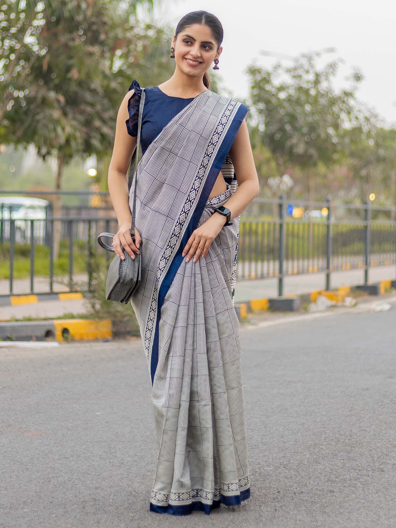 Women's Bhagalpuri Silk White Blue Printed Designer Saree with Blouse Piece