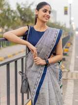 Women's Bhagalpuri Silk White Blue Printed Designer Saree with Blouse Piece