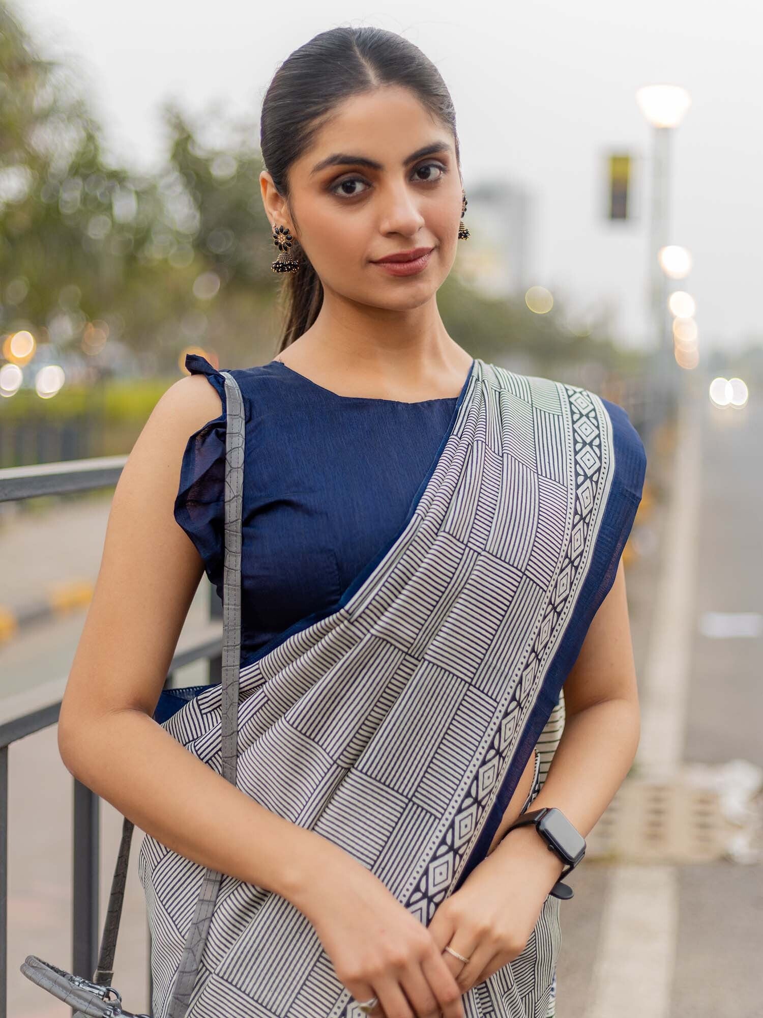 Women's Bhagalpuri Silk White Blue Printed Designer Saree with Blouse Piece