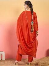 Women's Rust Gracefully Beaded Yoke Kurta Paired with Solid Trouser and A Matching Dupatta