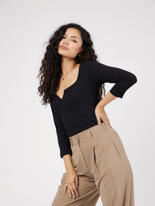 Women's Black Rib V-Neck Top