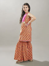 Girls Peach & Pink Floral Printed Kurta with Elasticated Waistband Sharara