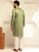 Men's Green Cotton Silk Long Kurta with Elegant Neck Embroidery