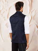 Men's Navy Silk Blend Jacquard Work Full Sleeves Nehru Jacket
