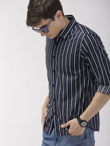 Men's Slim Fit Multi Striped Full Sleeves Cutaway Collar Casual Shirt