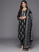 Women's Black Cotton All-over Printed Mirror Work Detail Straight Kurta & Black Printed Trousers & Dupatta