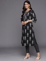 Women's Black Cotton All-over Printed Mirror Work Detail Straight Kurta & Black Printed Trousers & Dupatta