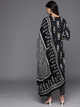 Women's Black Cotton All-over Printed Mirror Work Detail Straight Kurta & Black Printed Trousers & Dupatta