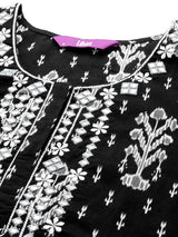 Women's Black Cotton All-over Printed Mirror Work Detail Straight Kurta & Black Printed Trousers & Dupatta