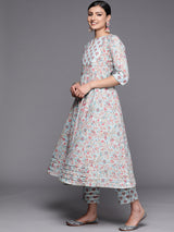 Women's Blue Gotta Patti Cotton One Side Pocket Detail Kurta & Printed Trousers with Printed Cotton Dupatta