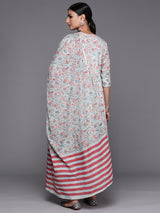 Women's Blue Gotta Patti Cotton One Side Pocket Detail Kurta & Printed Trousers with Printed Cotton Dupatta