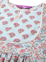Women's Blue Gotta Patti Cotton One Side Pocket Detail Kurta & Printed Trousers with Printed Cotton Dupatta