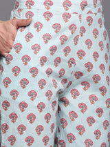 Women's Blue Gotta Patti Cotton One Side Pocket Detail Kurta & Printed Trousers with Printed Cotton Dupatta
